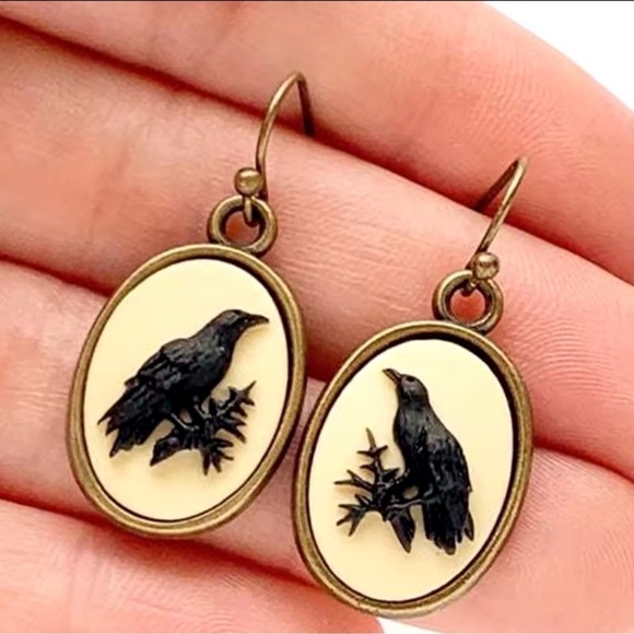 Vintage Gothic Black Raven Brass Earrings - Picture 3 of 4